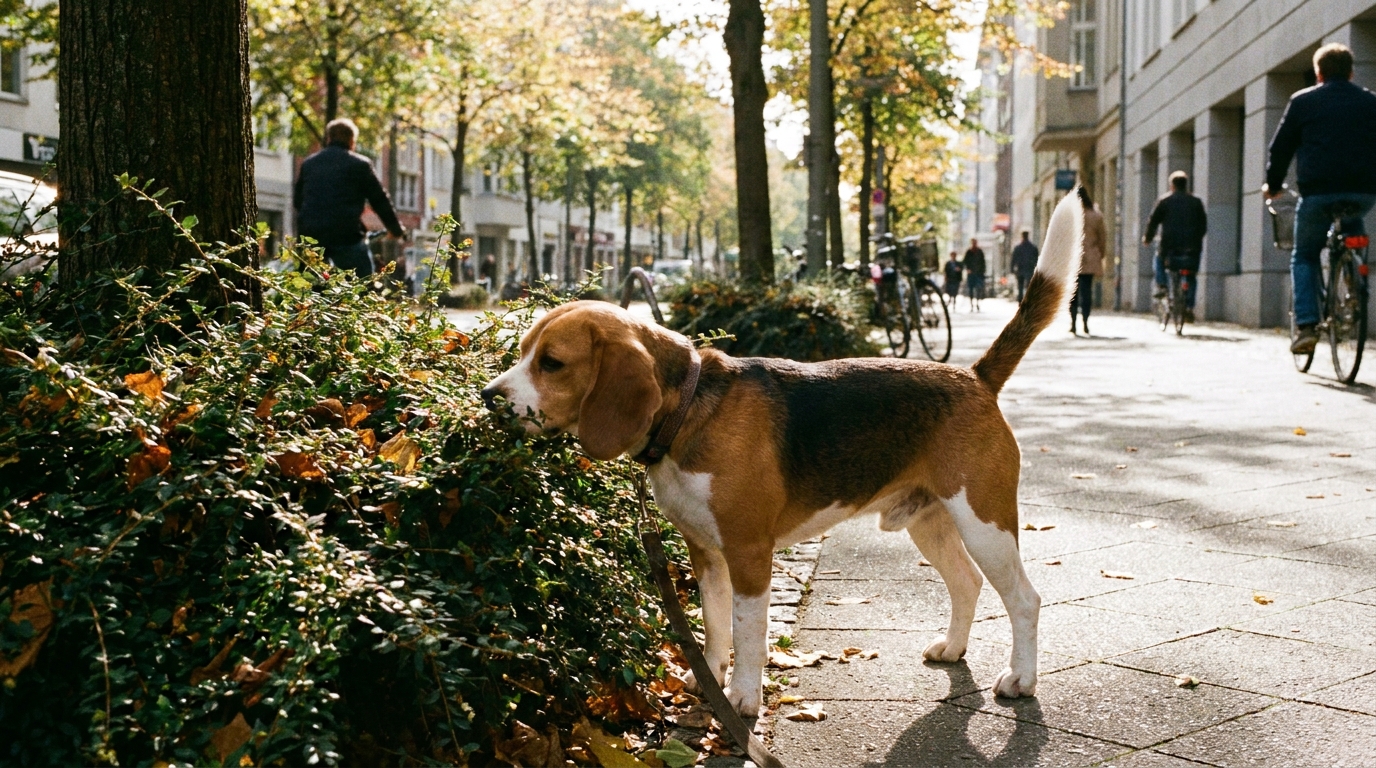 Beagle cheirando arbusto durante passeio na rua.