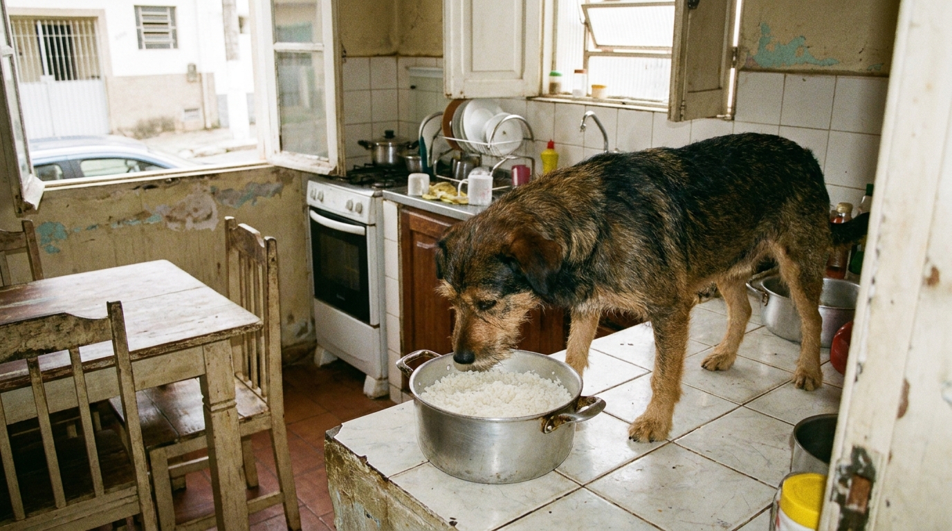 cachorro cheirando pote de arroz branco cozido simples na cozinha