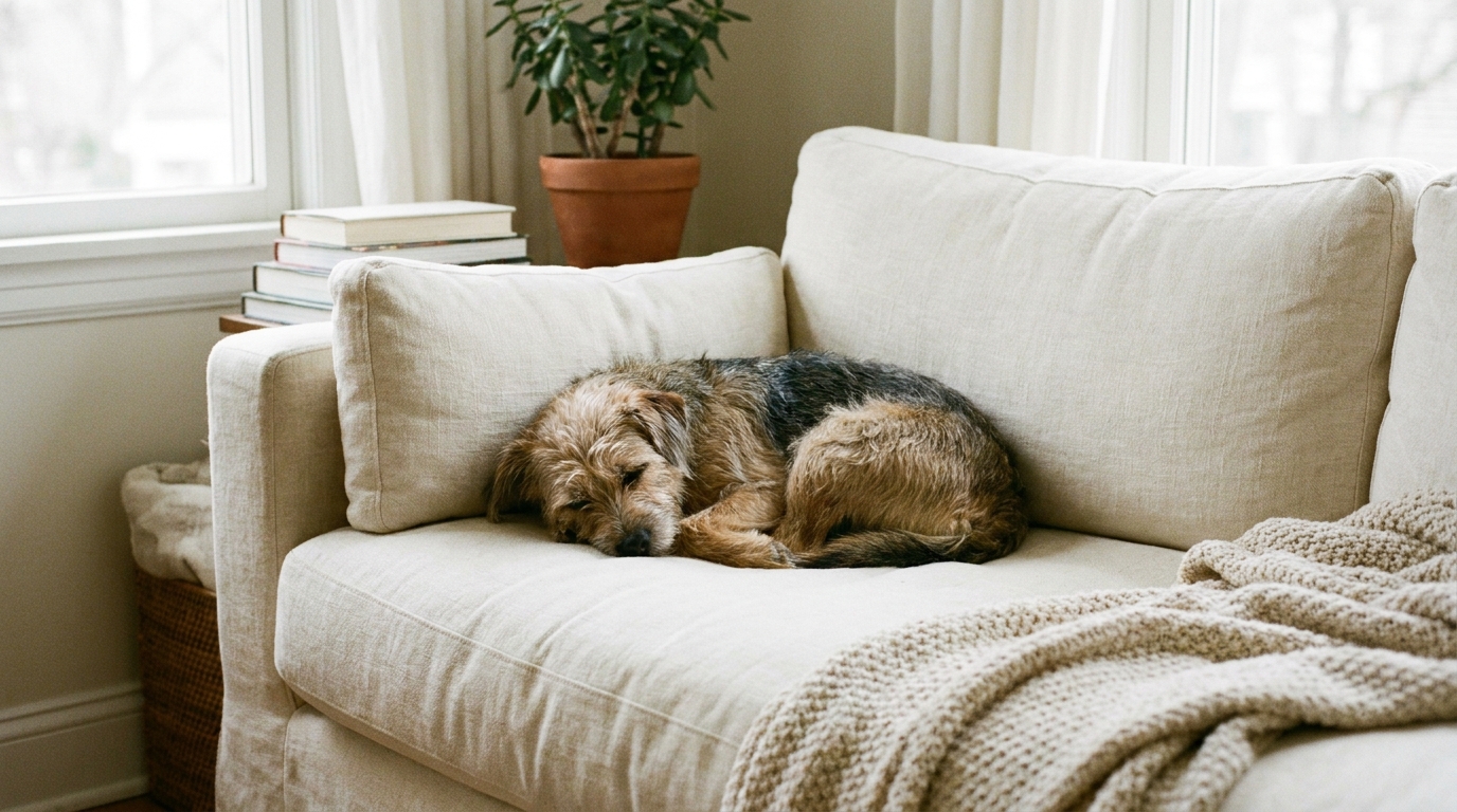 Cachorro pequeno e calmo, deitado em sofá, ideal para apartamentos.