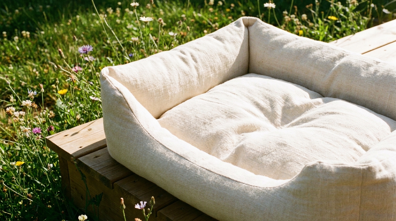 Cama de cachorro limpa e seca no sol para prevenir pulgas.