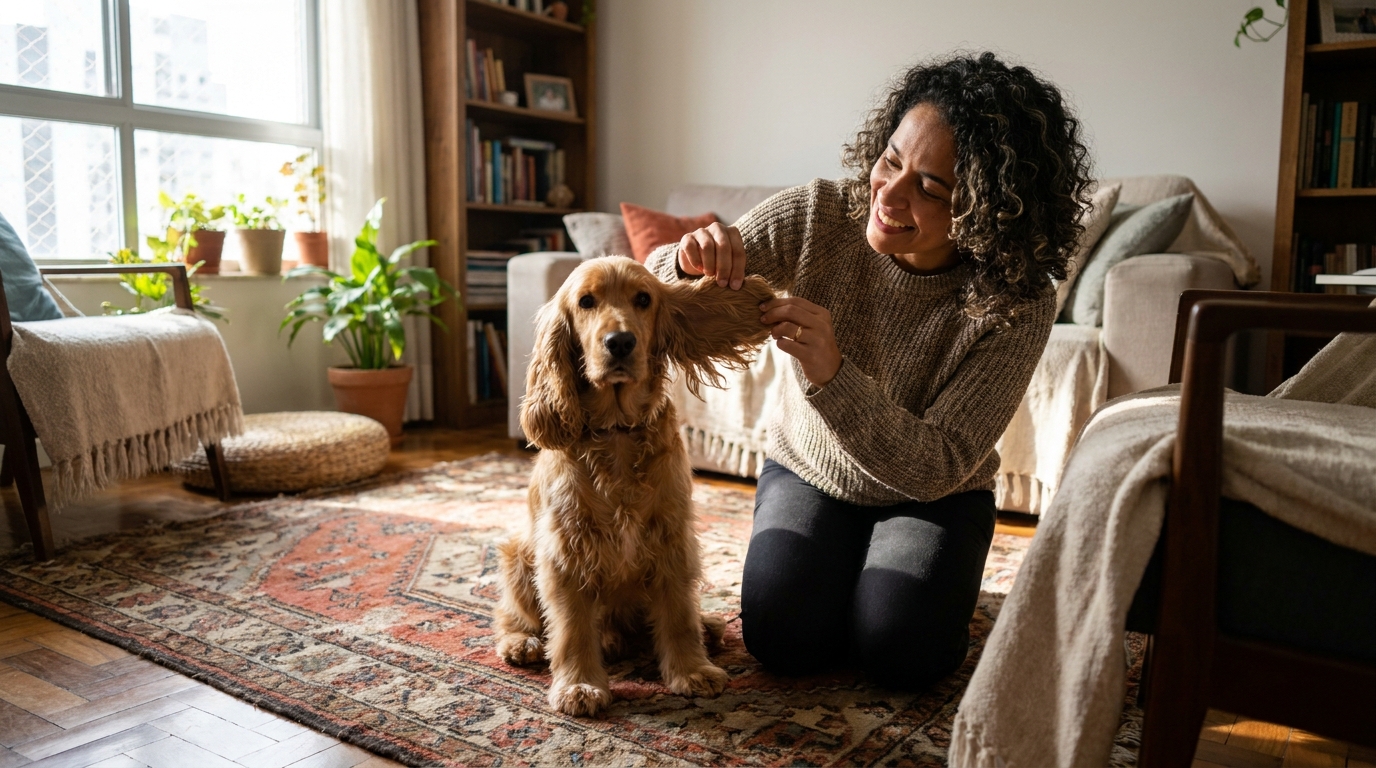 tutor examinando a orelha de cachorro de orelhas caídas