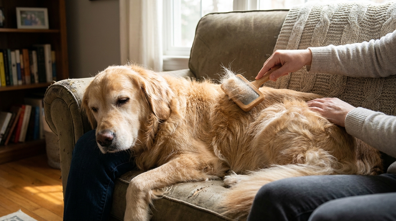 Tutor escovando o pelo longo do cachorro com escova adequada.