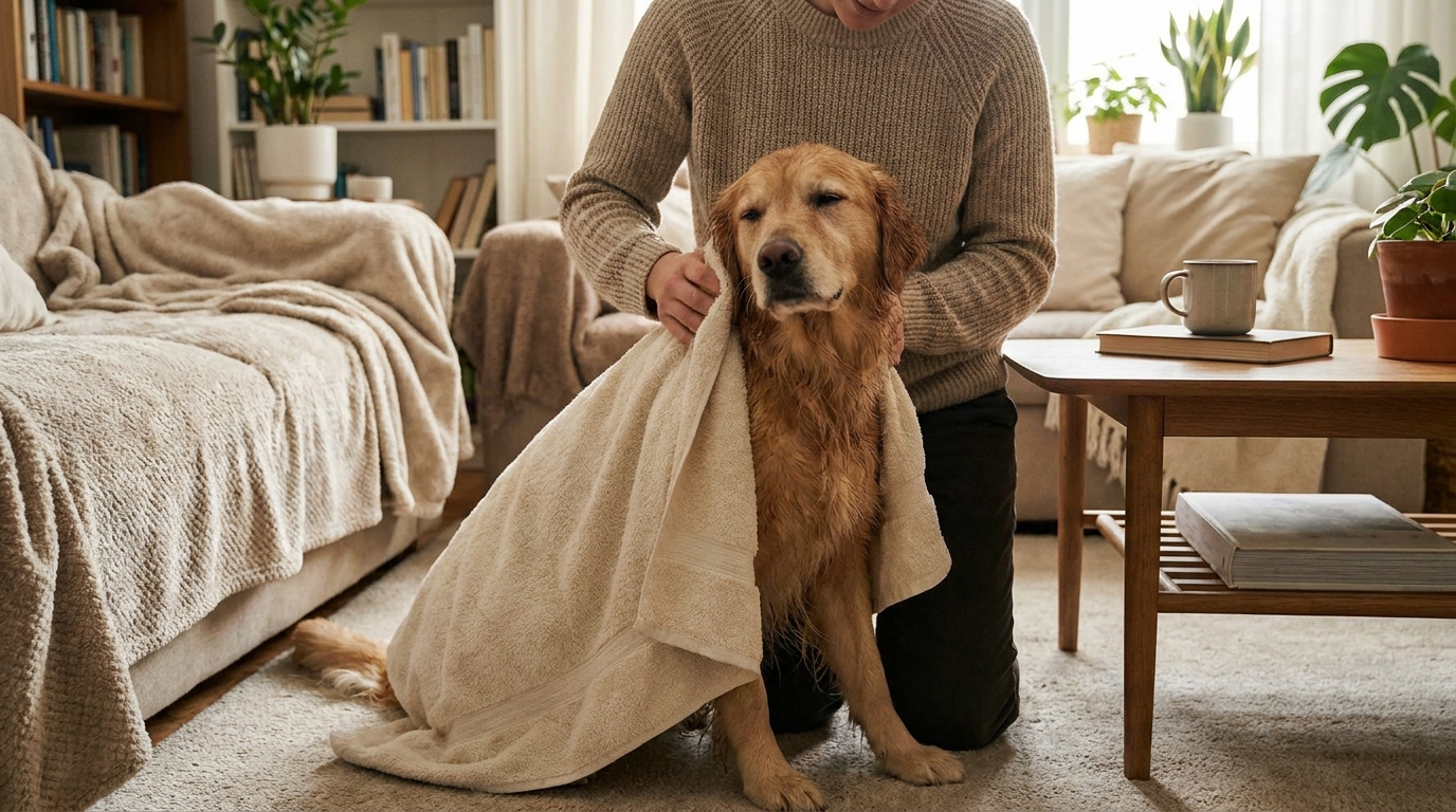 Tutor secando cachorro com toalha macia após o banho no inverno.