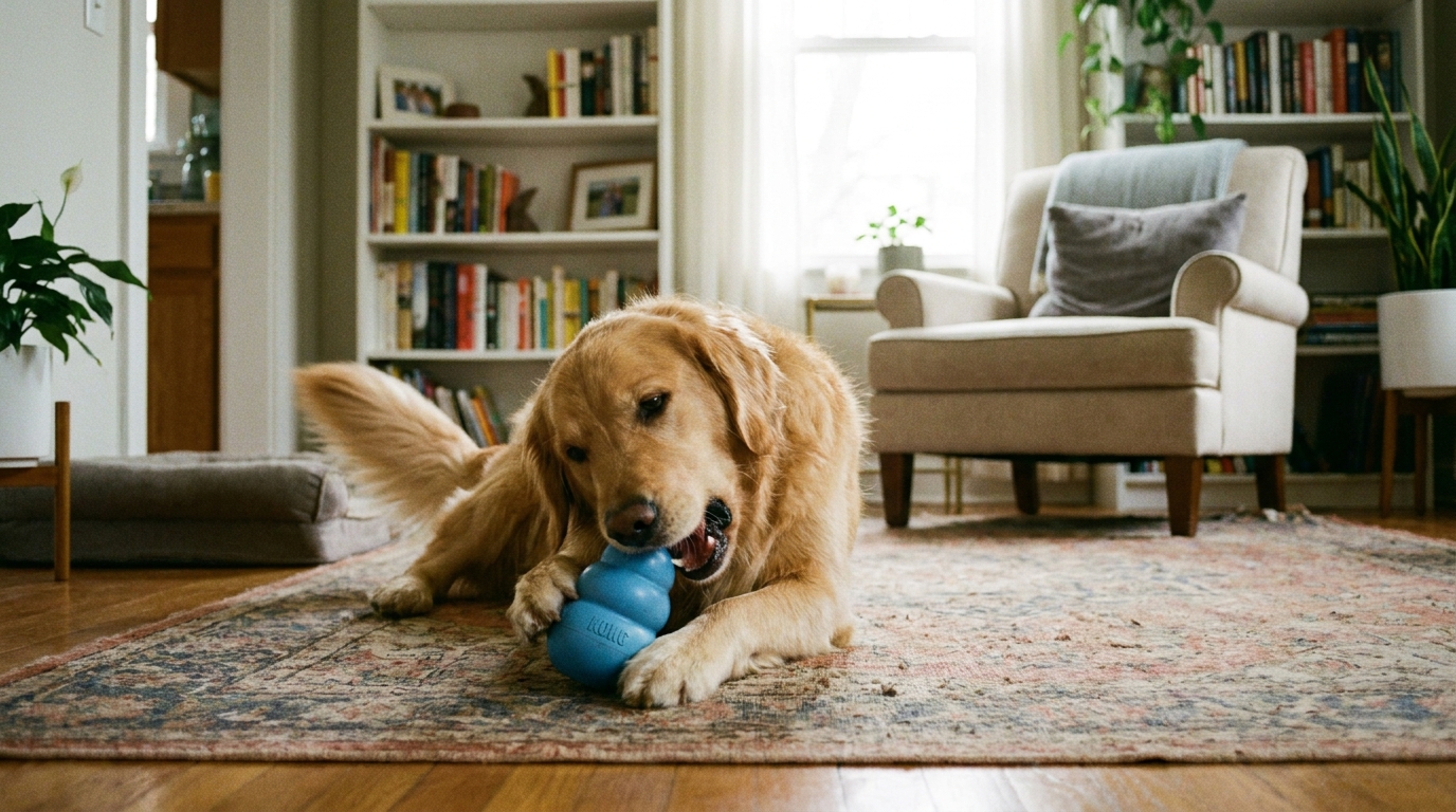 Golden Retriever mastigando brinquedo resistente, feliz.