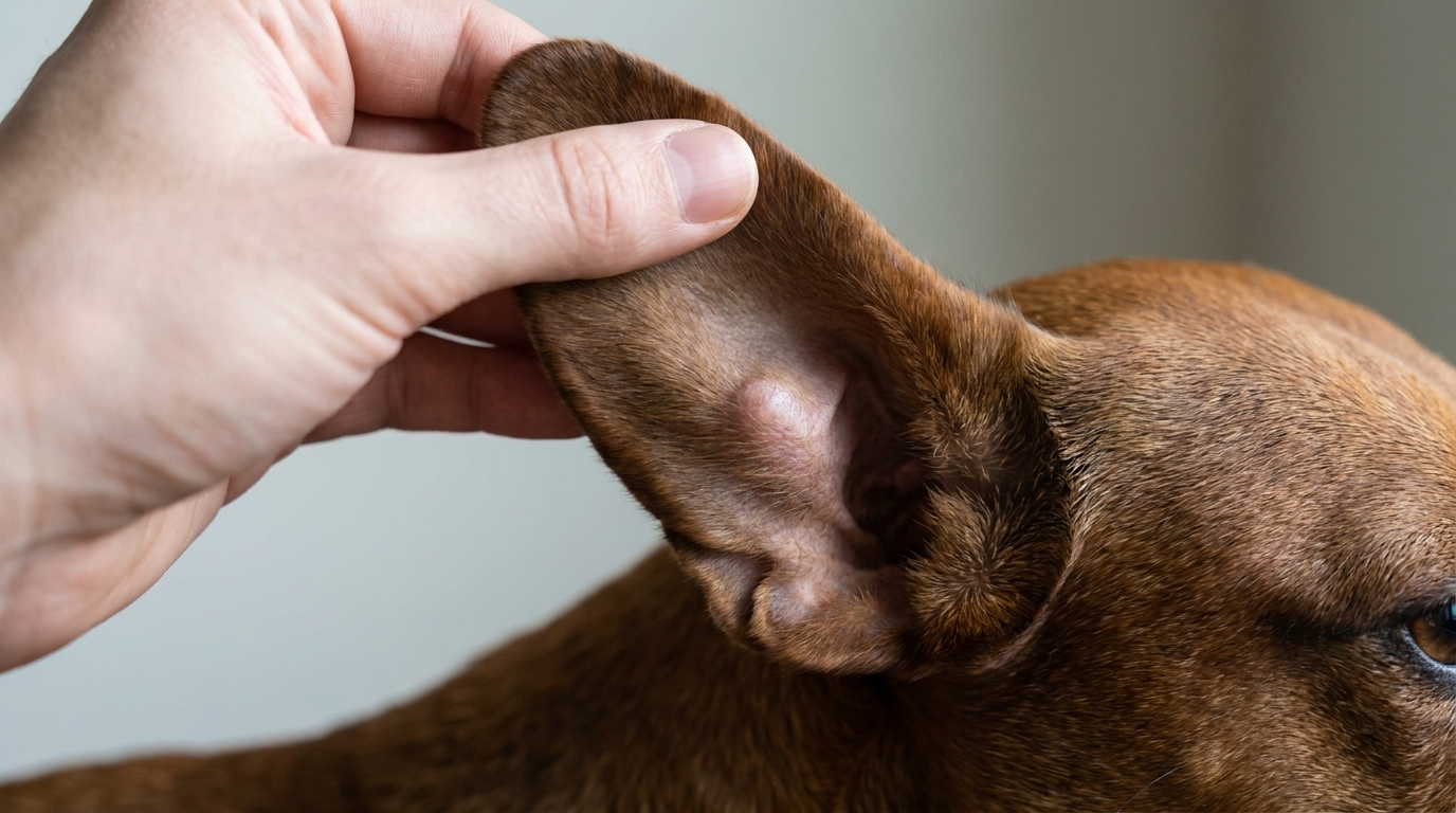 detalhe da orelha de cachorro com otohematoma sendo examinada pelo tutor.