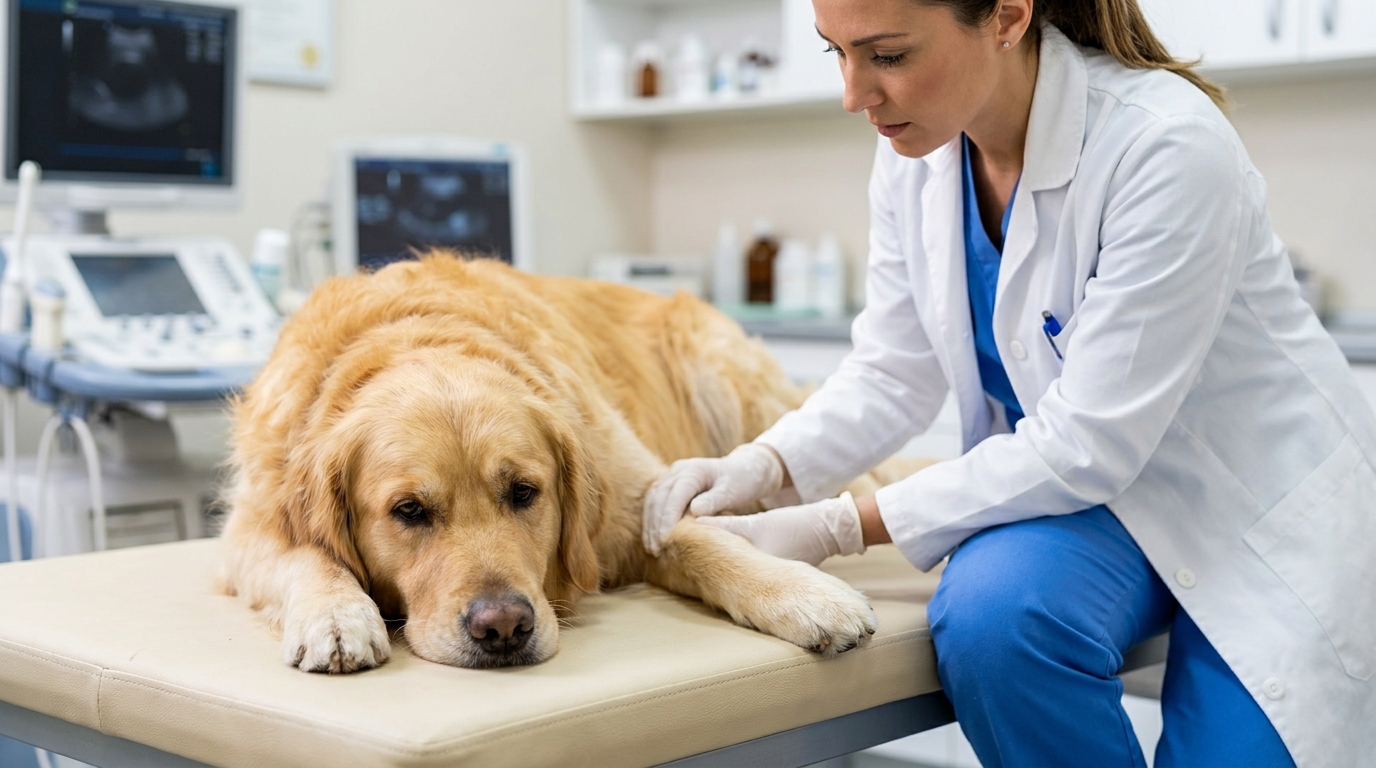 Veterinário examinando a pata de um cachorro mancando em uma clínica.