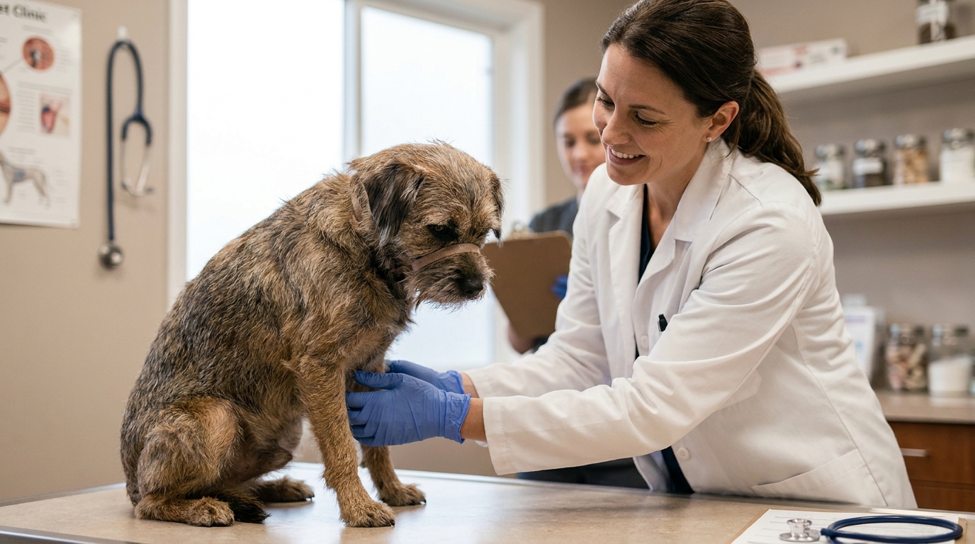 Cachorro sendo examinado por um veterinário