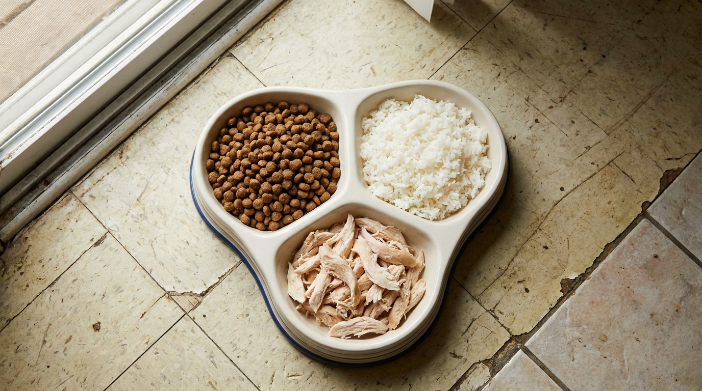 comedouro com ração arroz e frango cozido para cachorro