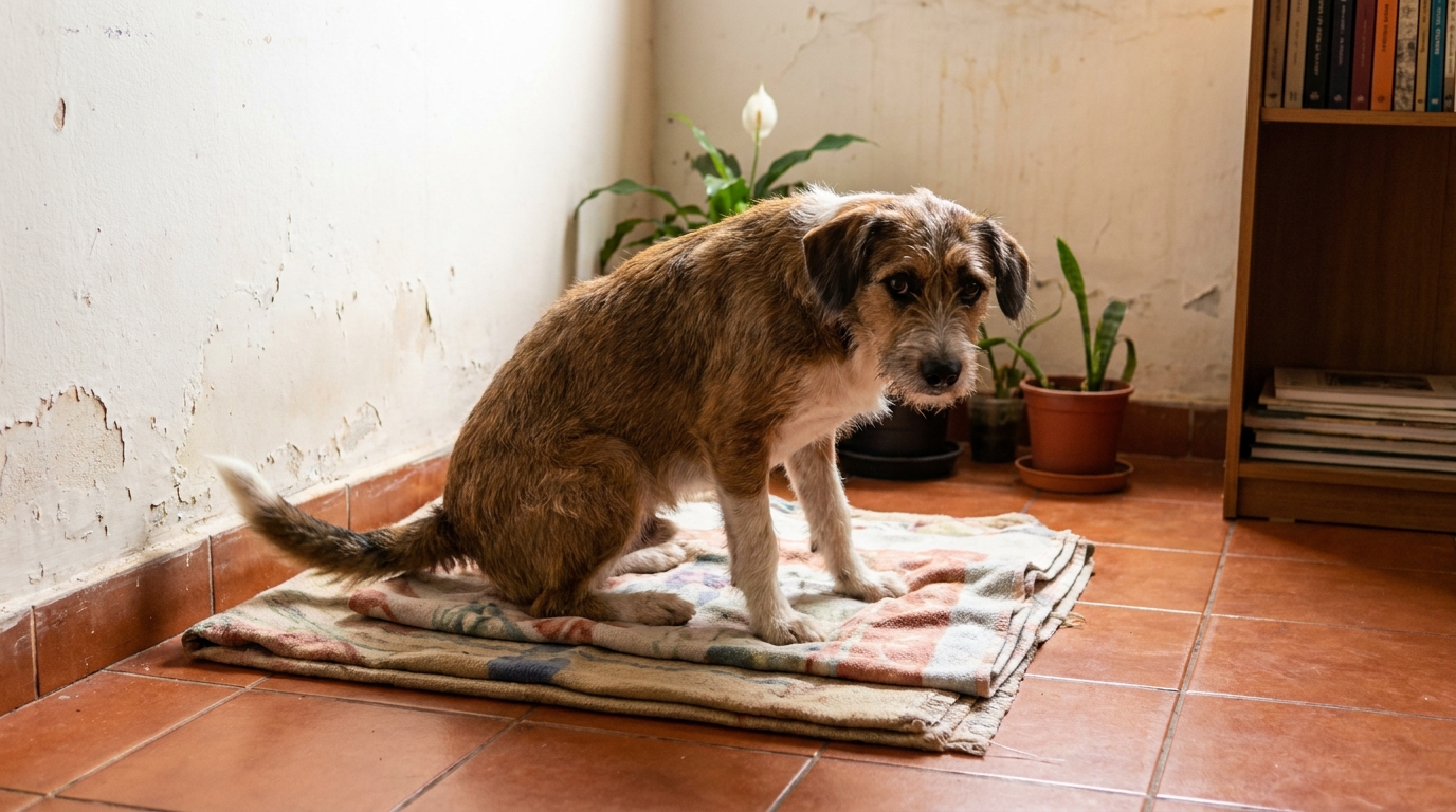 cachorro relaxado com rabo calmo deitado perto do tutor em casa
