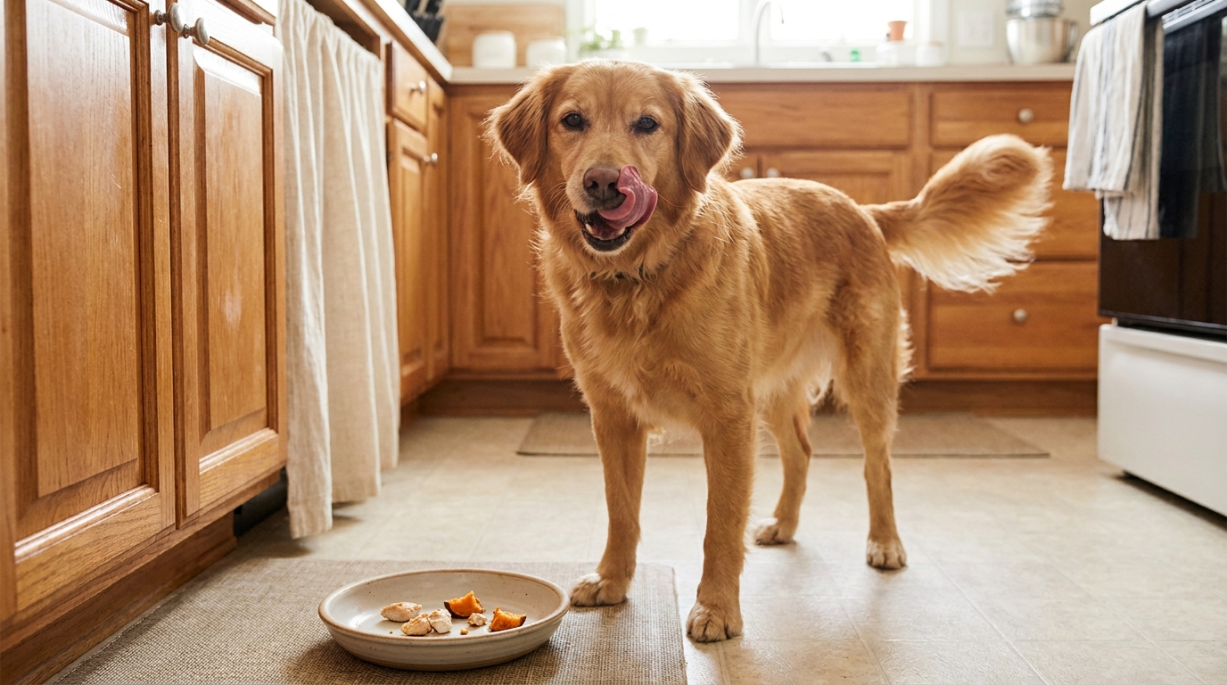 Cachorro feliz lambe os lábios após provar alimento natural e saudável.