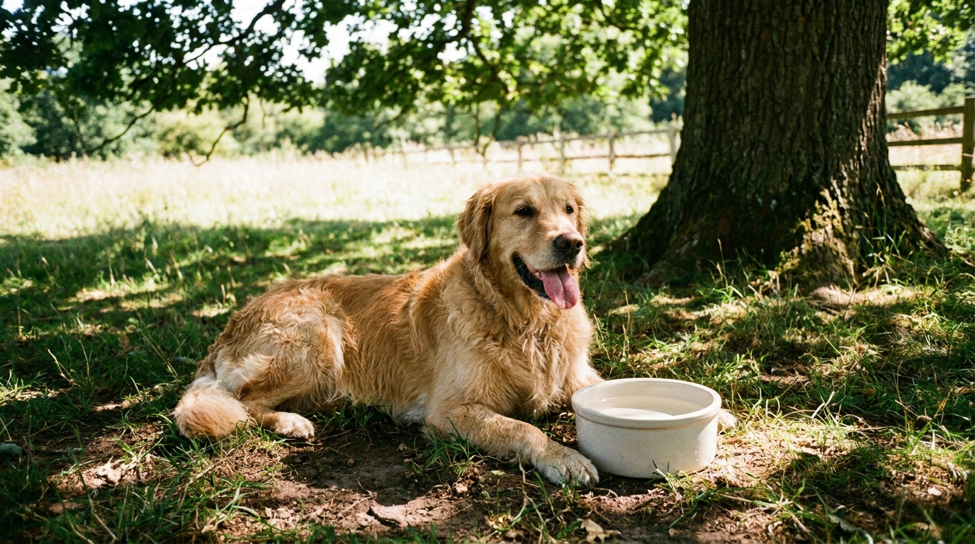 Cachorro ofegante na sombra com água, mostrando sinais de calor intenso.