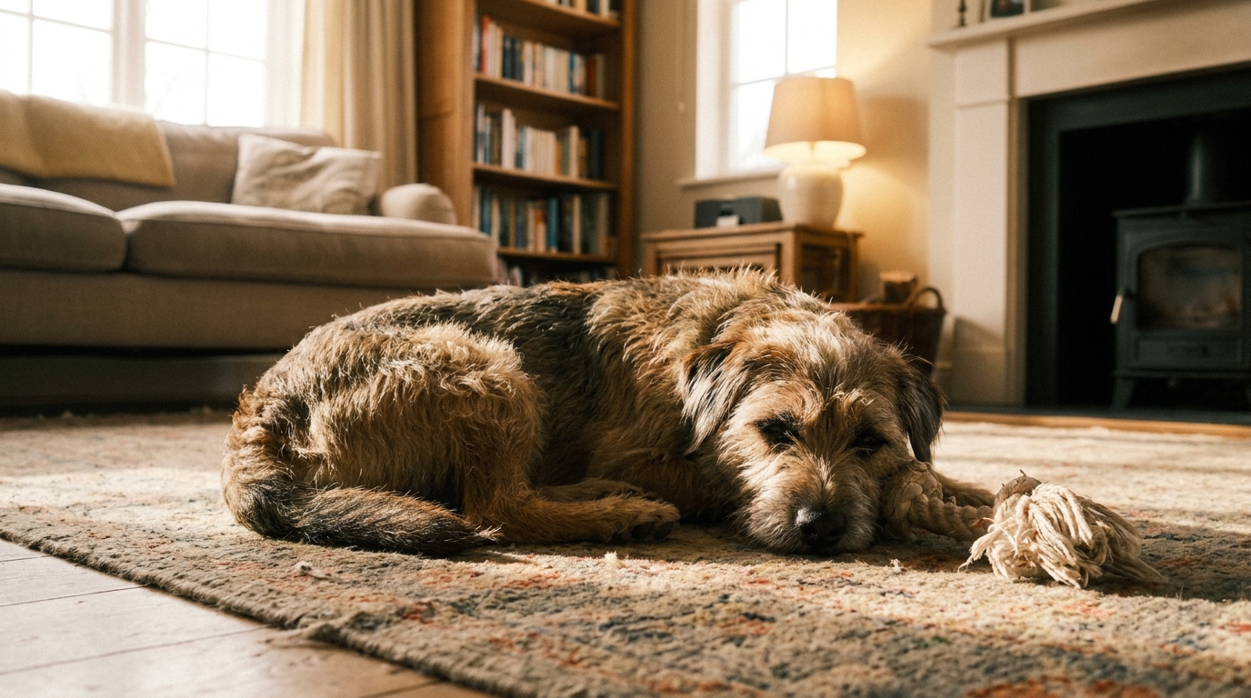 Cachorro recém-adotado relaxado com seu brinquedo em casa