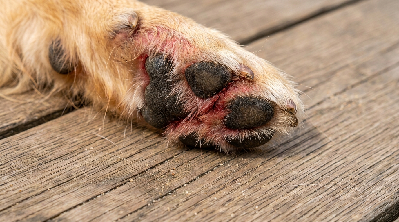 Pata de cachorro com pele avermelhada e irritada entre os dedos, sintoma comum de alergia alimentar.