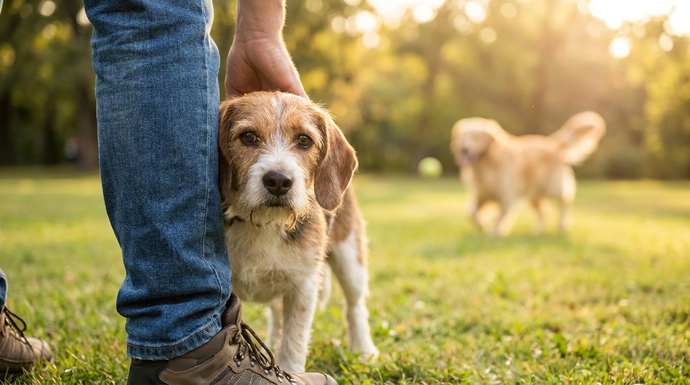 Cachorro com medo de outros cães se esconde atrás do tutor.