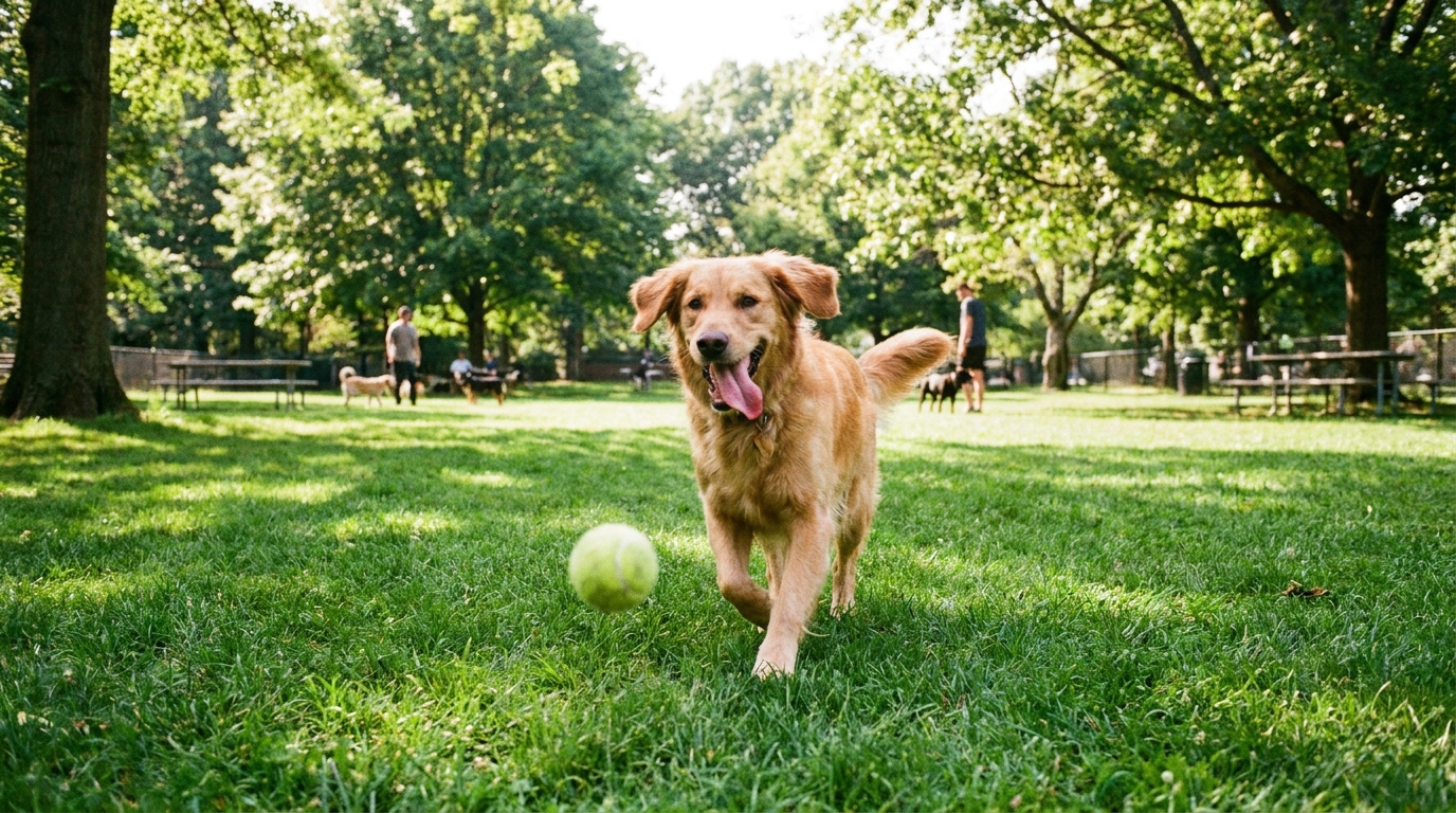 Cachorro brincando feliz em um gramado, demonstrando bem-estar e redução da ansiedade.