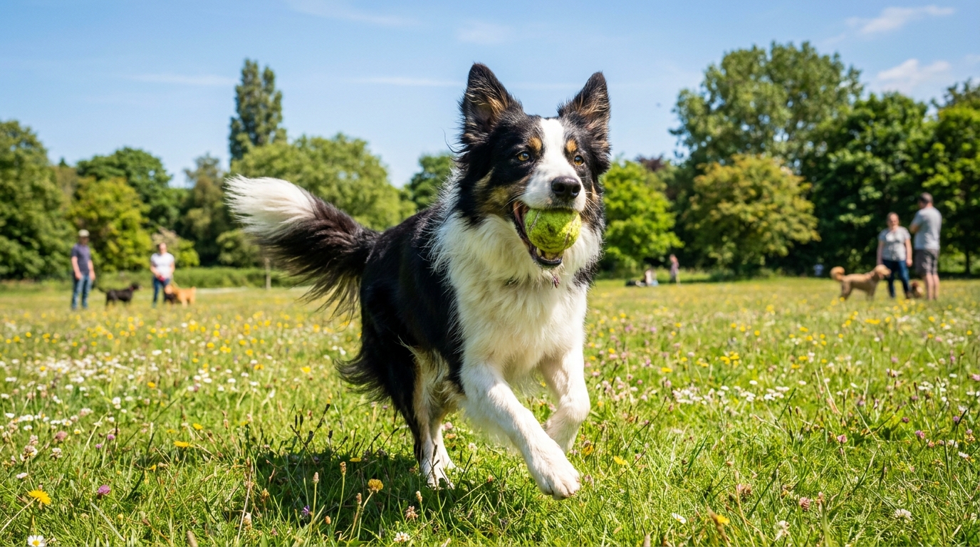 Border Collie correndo no parque com bolinha, mostrando energia.