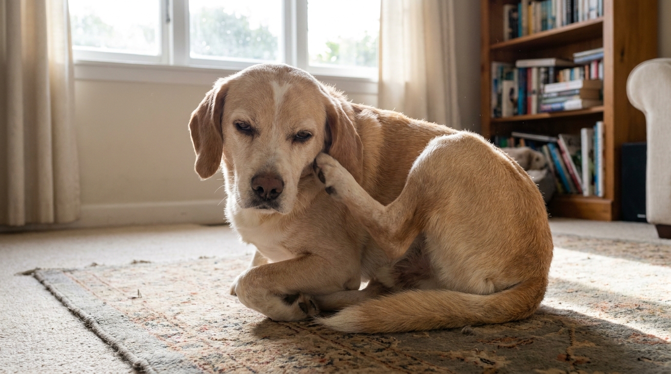Cachorro com alergia alimentar coçando a orelha intensamente, sinal de irritação na pele.
