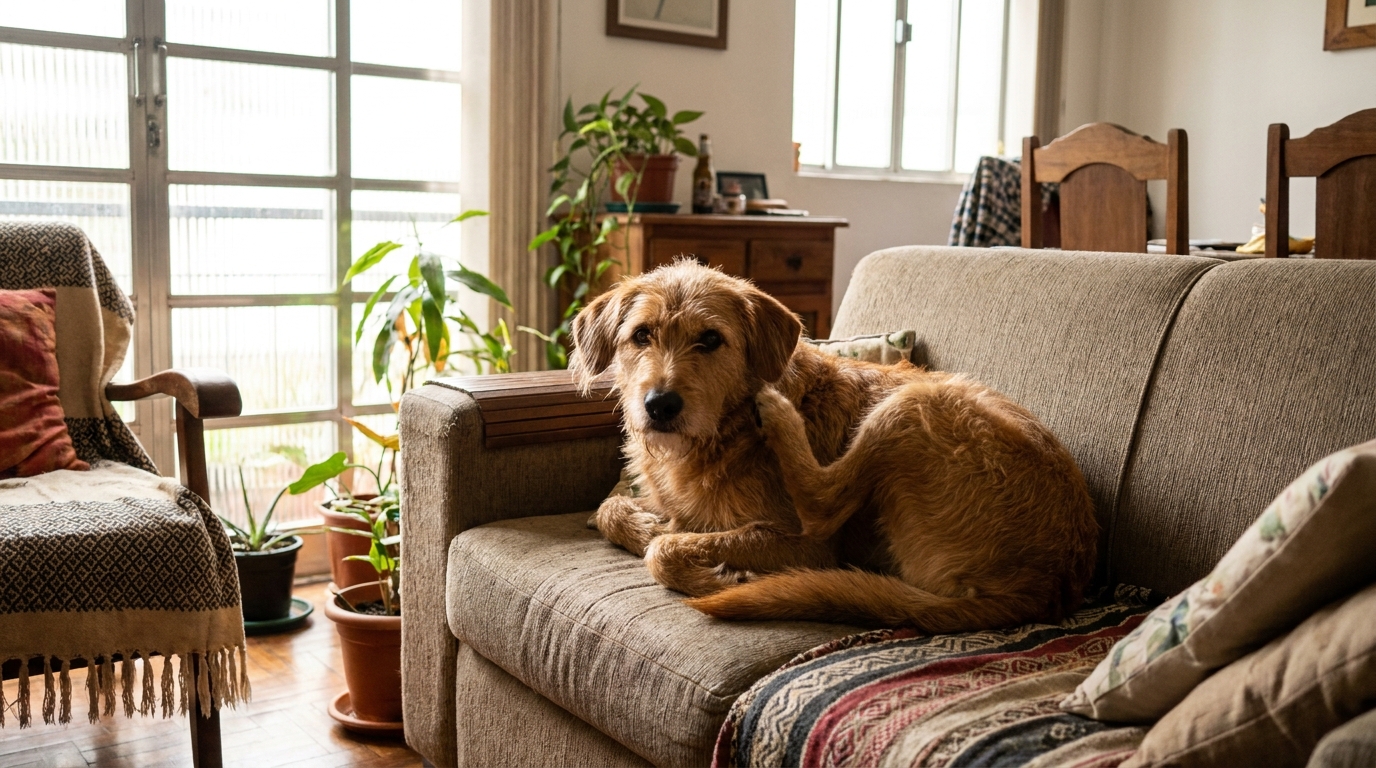 cachorro coçando a orelha no sofá dentro de casa