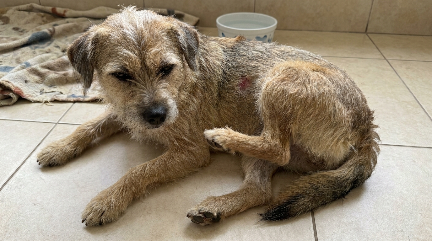 Cachorro com irritação na pele deitado, coçando e rolando. Sinais de desconforto