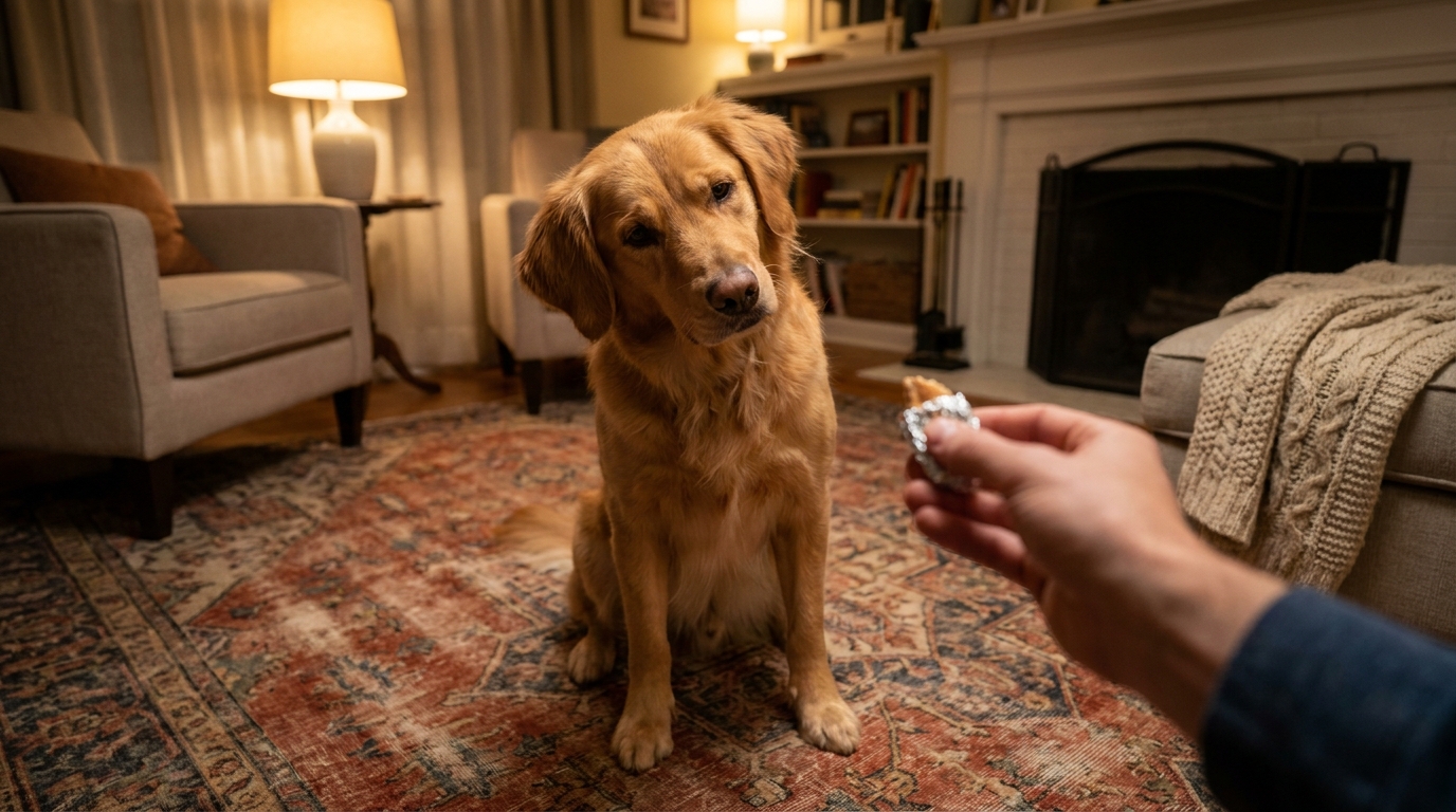 Cachorro com expressão confusa olhando para o tutor que oferece vermífugo.