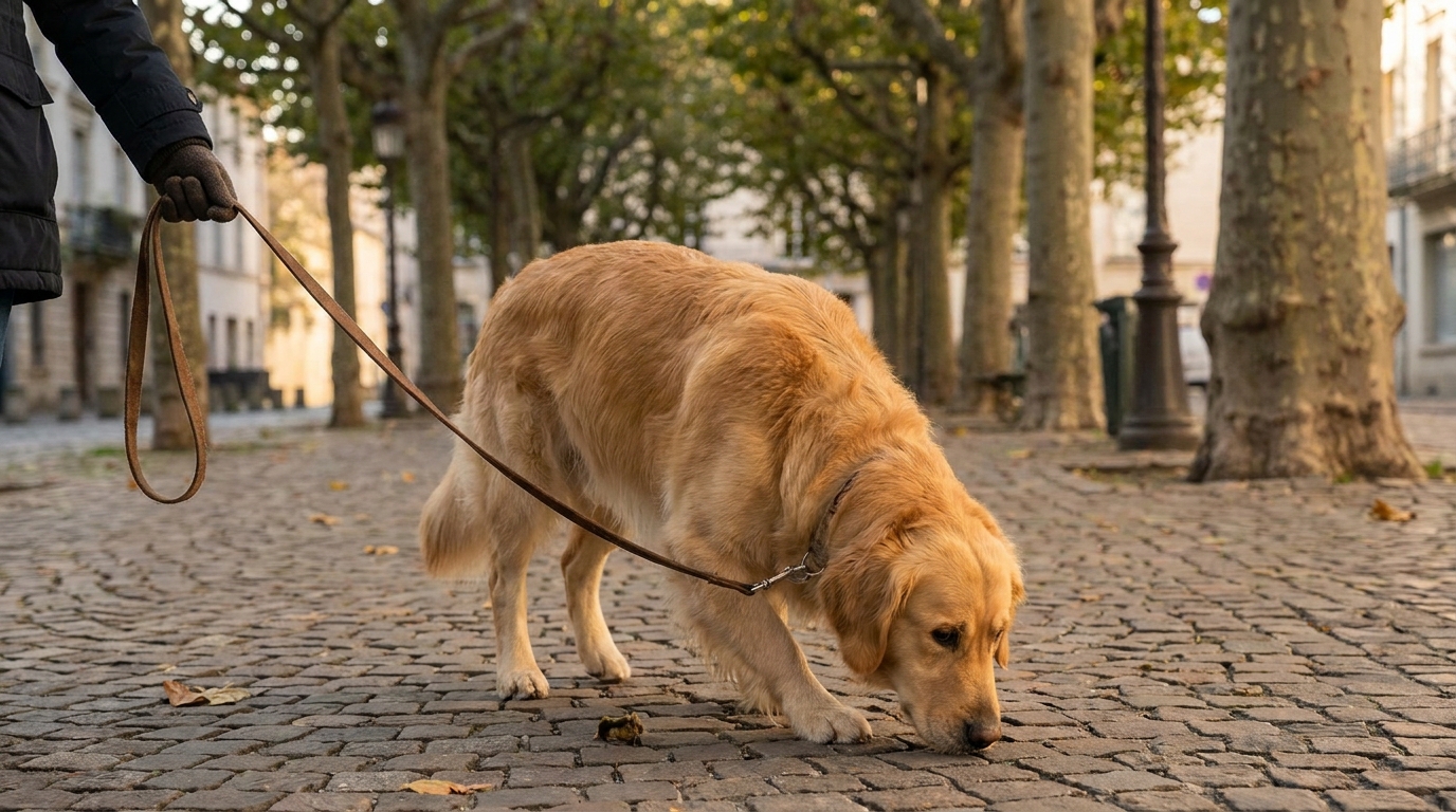 cachorro cheirando o chão durante passeio calmo com guia frouxa