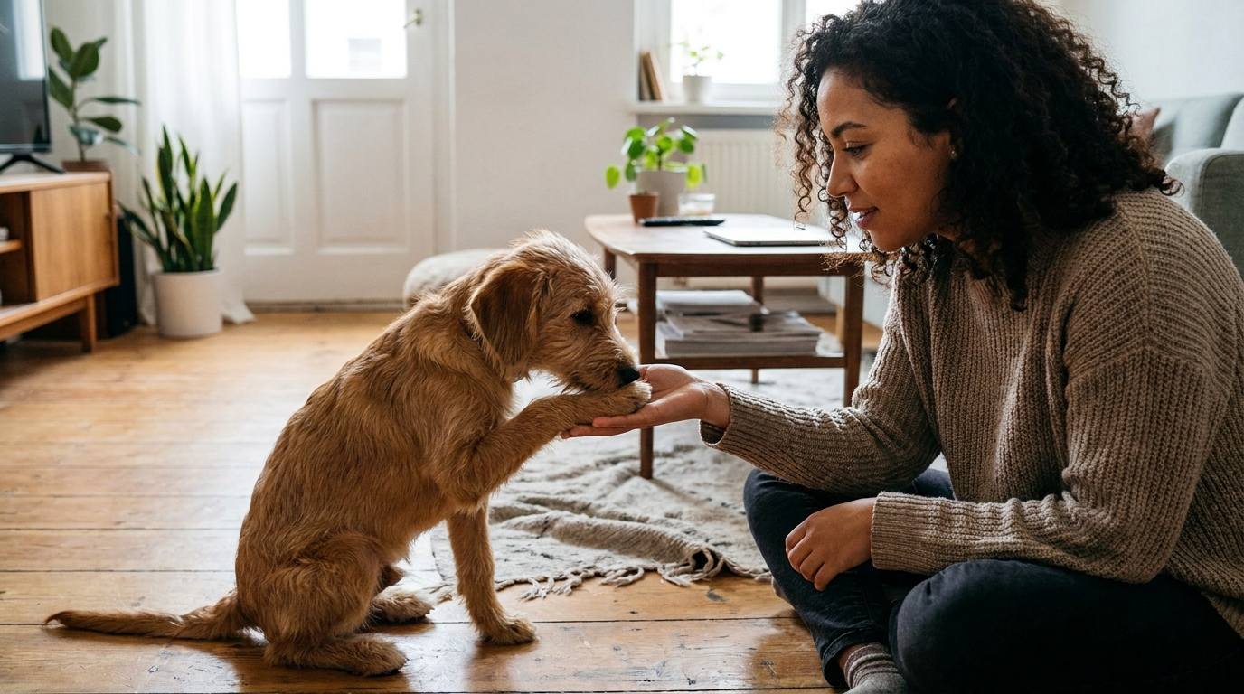 cachorro filhote cheirando a mão do tutor sentado no chão