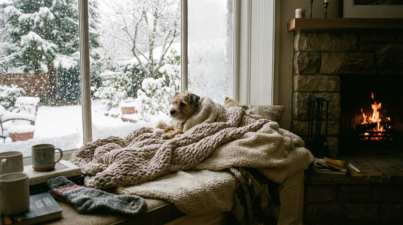 Cachorro pequeno agasalhado em manta quentinha no inverno.