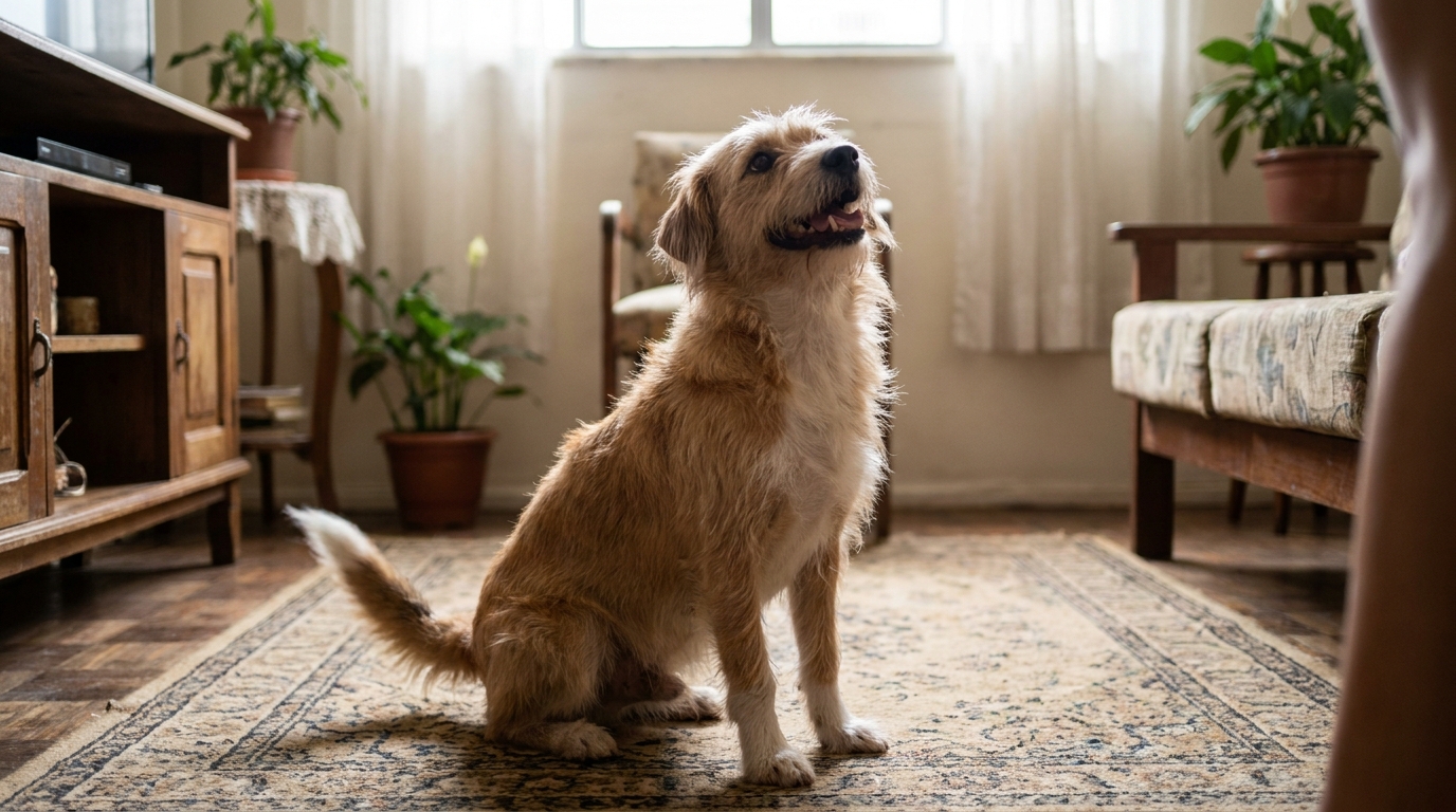 cachorro abanando o rabo dentro de casa enquanto observa o tutor