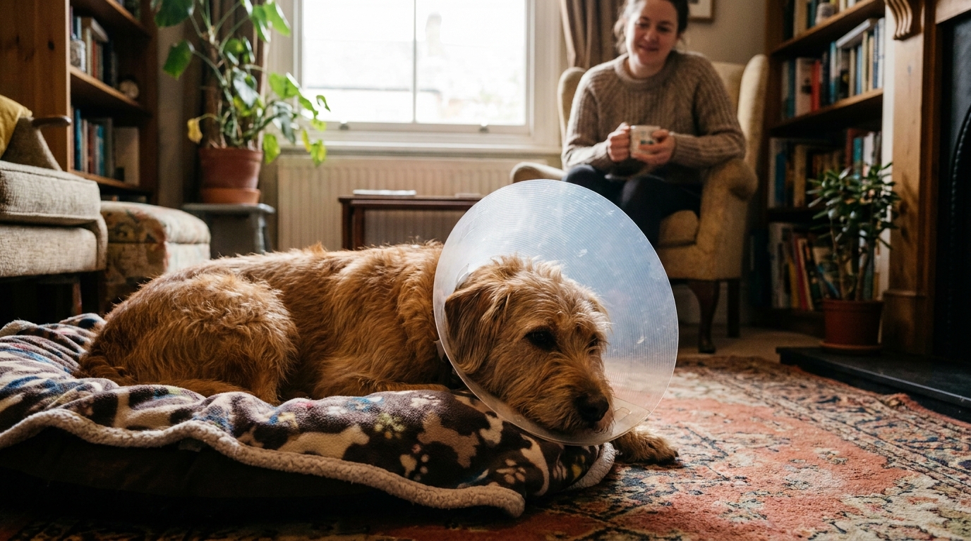 cachorro em recuperação de otohematoma usando colar elizabetano.