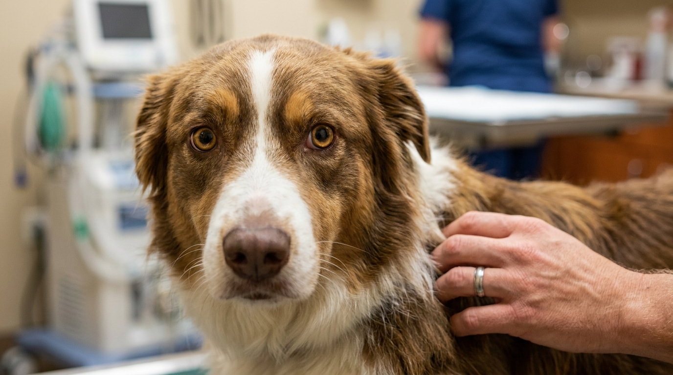 Mão humana examinando a pele de um cachorro preocupado. Pet sendo checado por um veterinário.