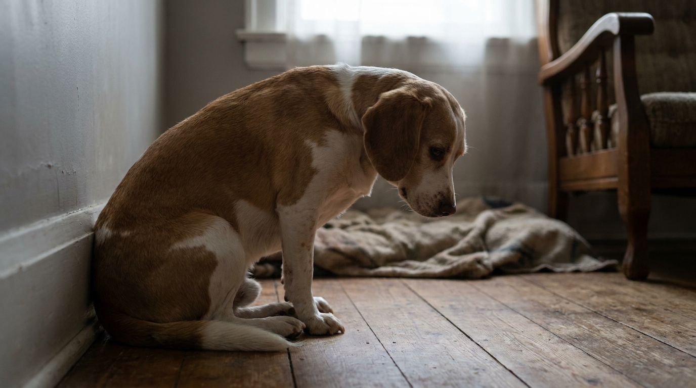 Cachorro com postura de dor ou desconforto, com rabo entre as pernas.