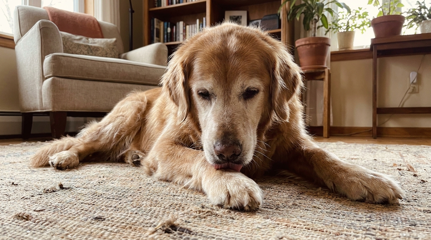 Cachorro idoso lambendo a pata, possivelmente devido a dor nas articulações.