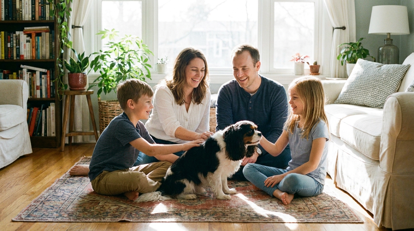 Família brincando com Cavalier, representando a harmonia com raças calmas.
