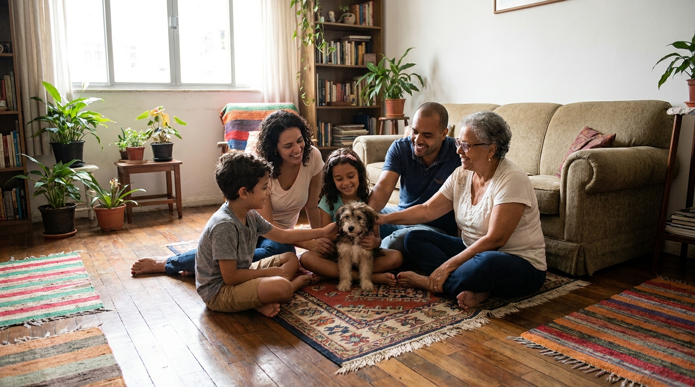 família brasileira recebendo cachorro filhote adotado na sala de casa