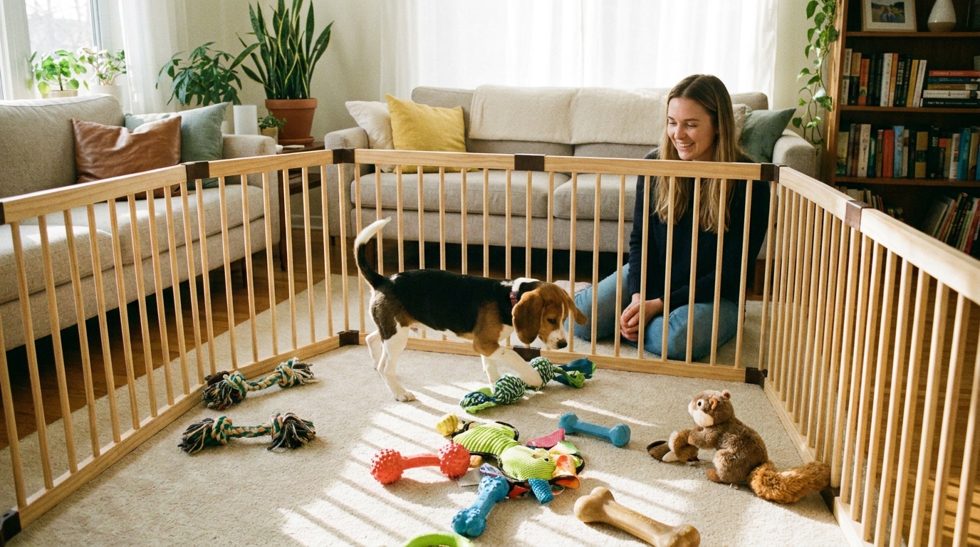 Filhote de cachorro em ambiente seguro com brinquedos