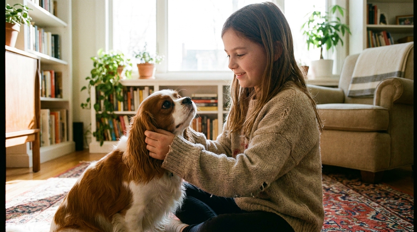 Criança brincando com Cavalier King Charles Spaniel, raça de cachorro pequeno que late pouco.