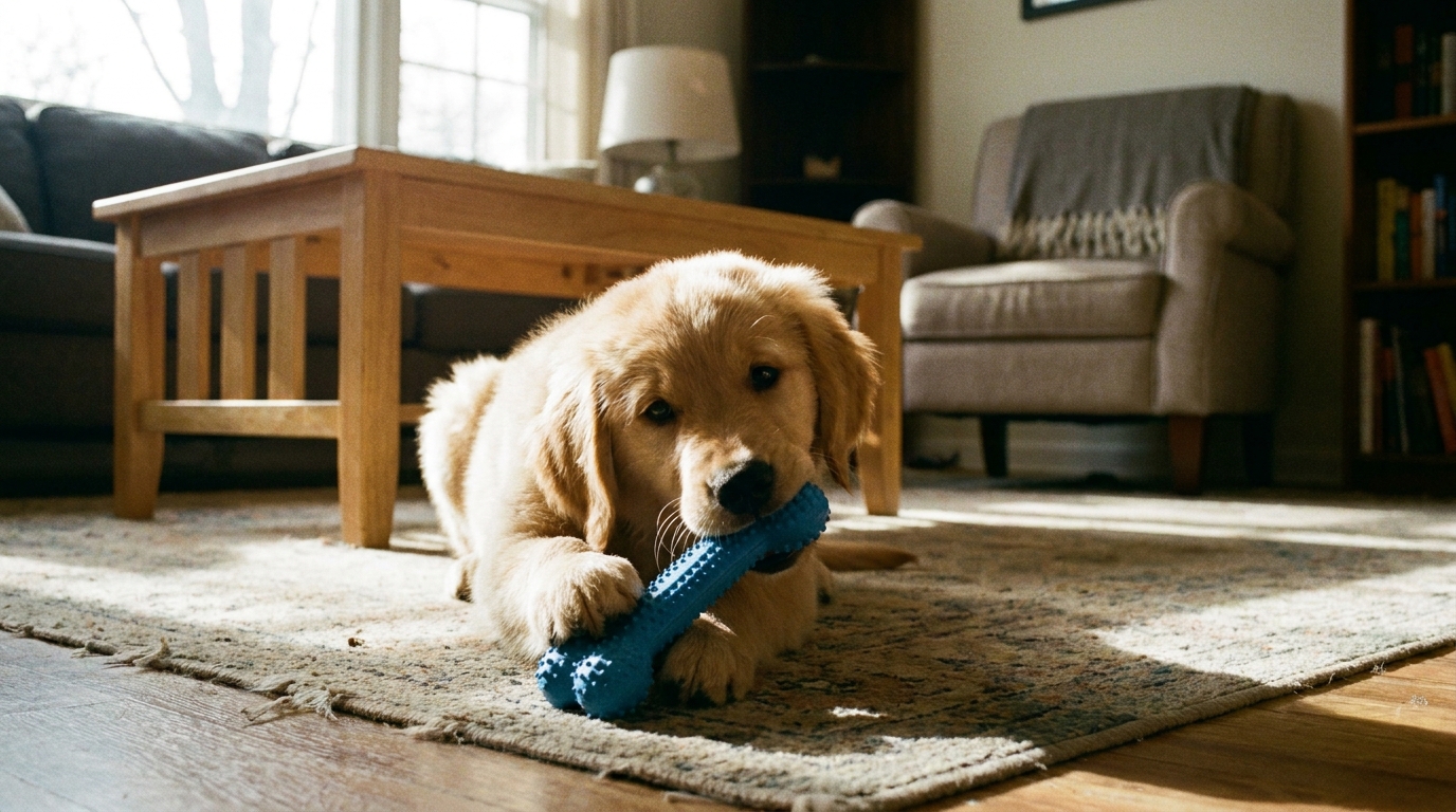 Filhote de cachorro Golden Retriever mordendo brinquedo apropriado.
