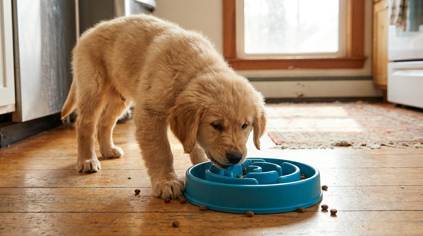 Filhote de Golden Retriever brincando com um comedouro lento em forma de labirinto.