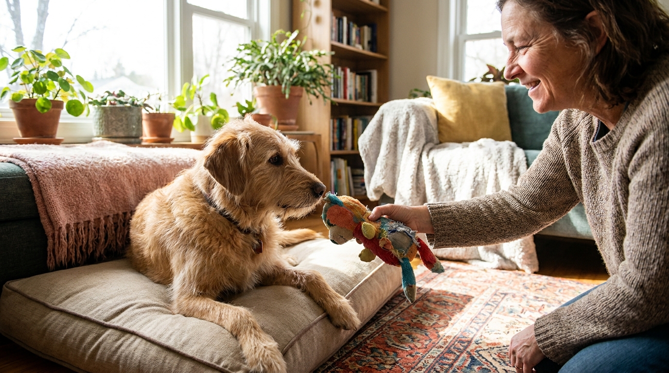 Tutor oferecendo brinquedo a cachorro, que demonstra curiosidade e interesse.