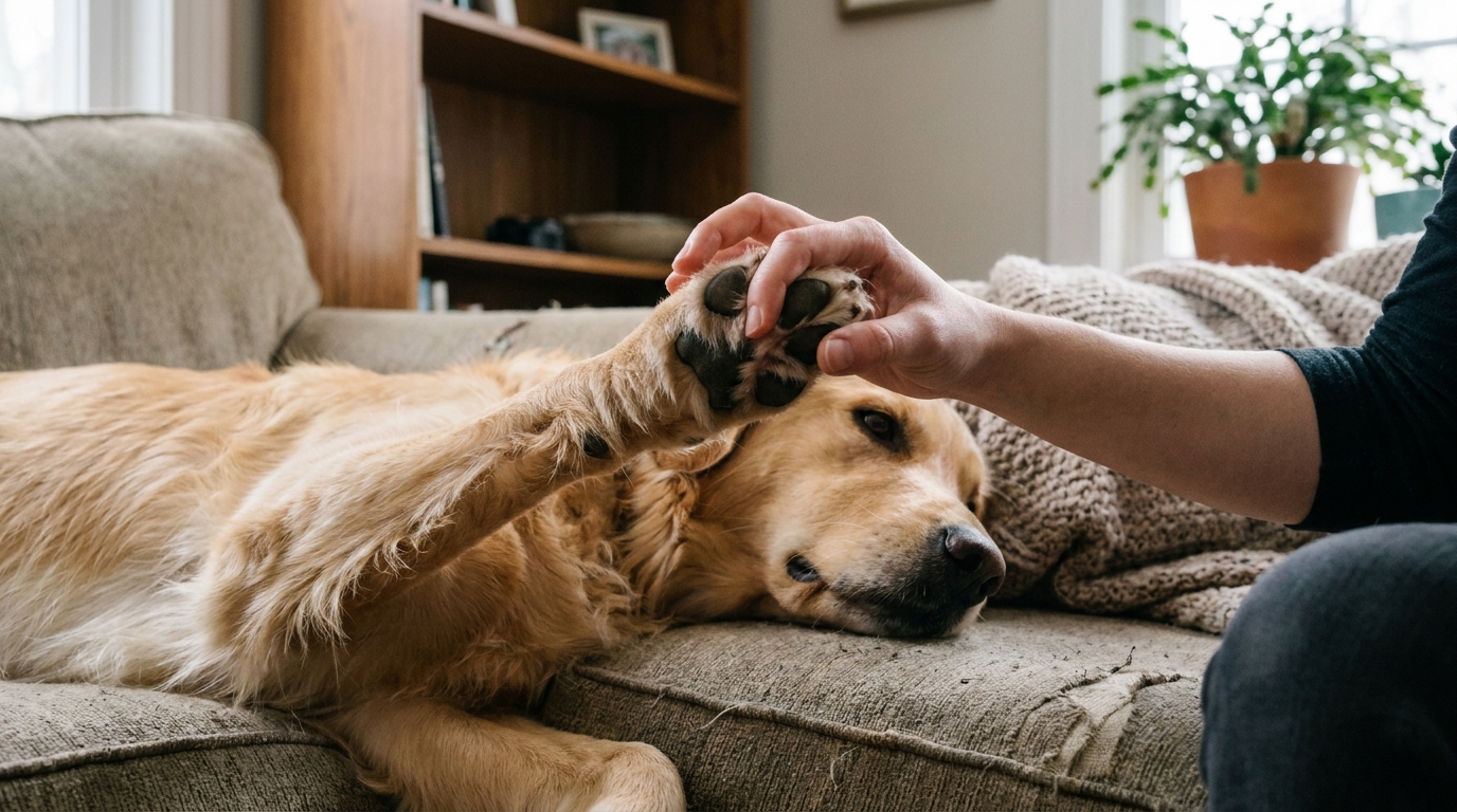 Mão humana examinando a pata de um cachorro, procurando feridas ou corpos estranhos.
