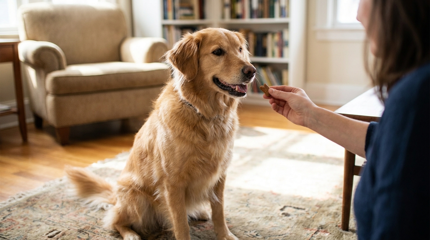 Dono oferecendo petisco ao cachorro, fortalecendo o vínculo e a confiança.