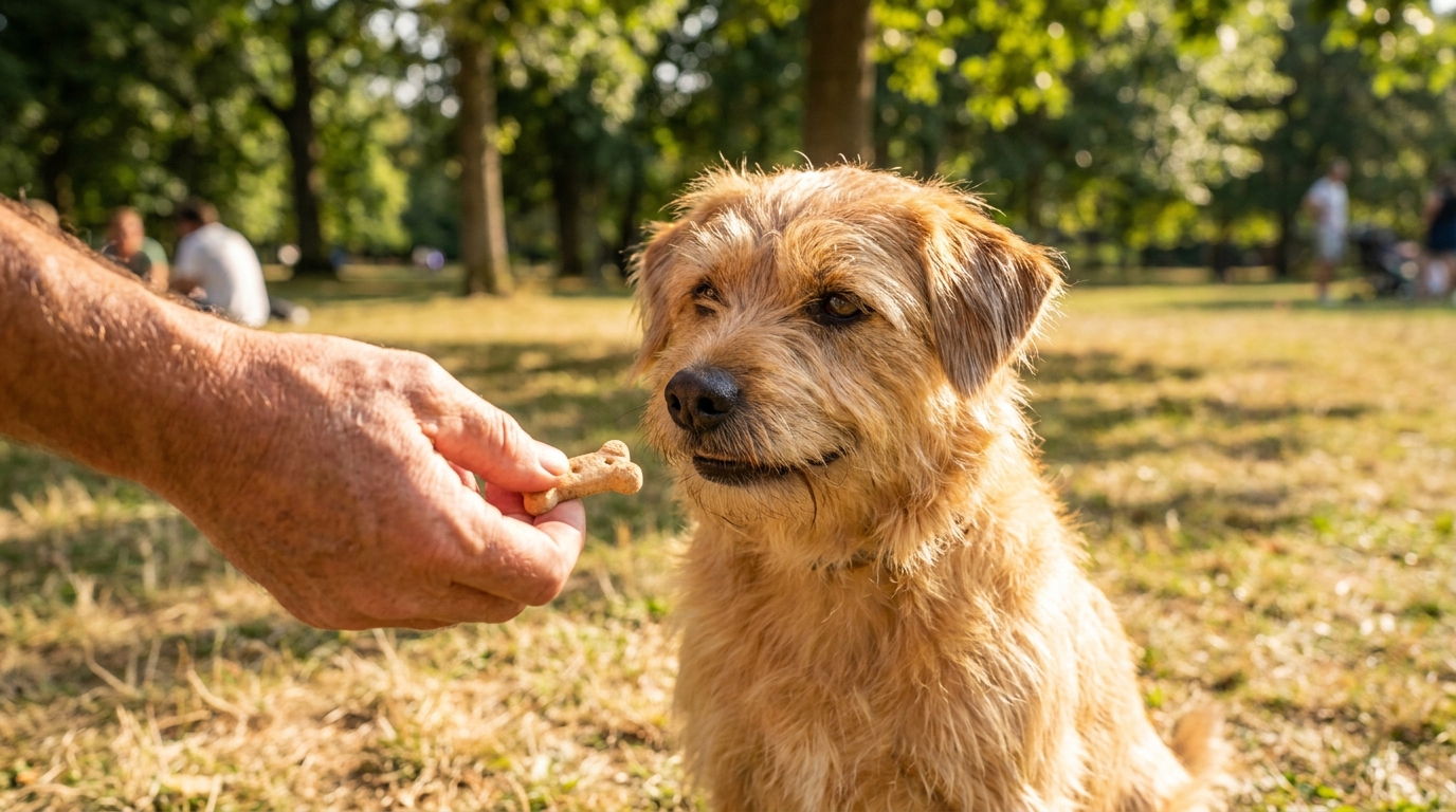 Tutor oferece petisco para cachorro como reforço positivo.