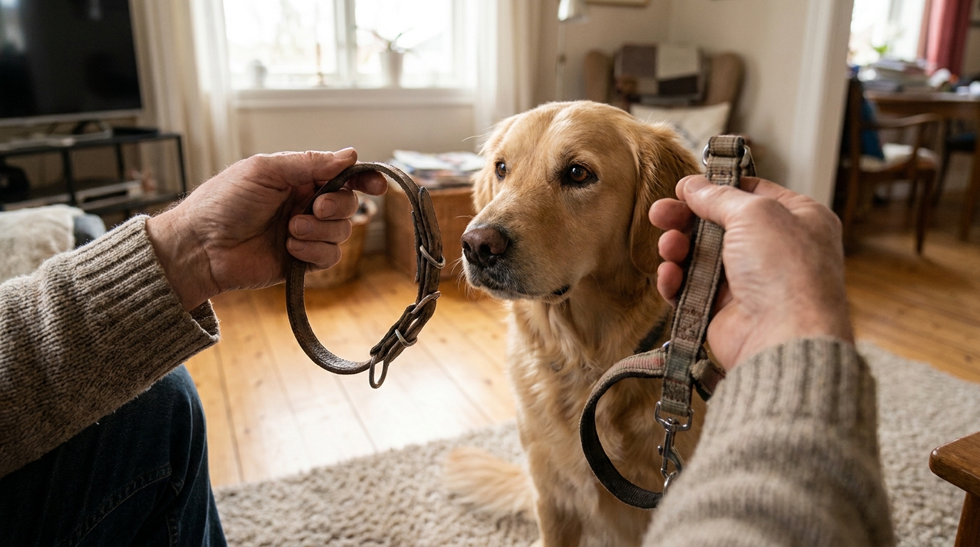 Diferentes tipos de coleiras para cachorro, incluindo peitoral e coleira de pescoço.