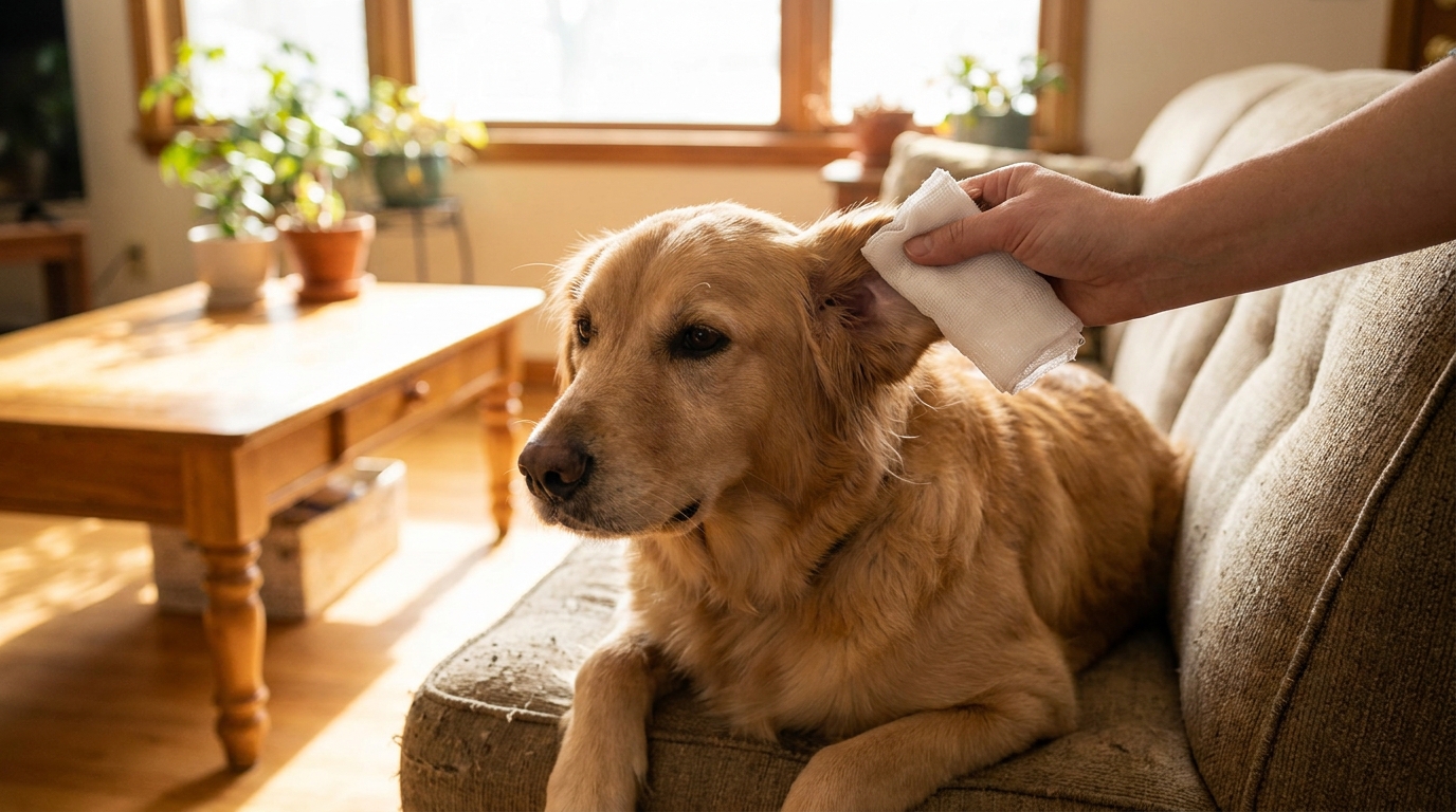 tutor fazendo higiene preventiva na orelha do cachorro para evitar otohematoma.