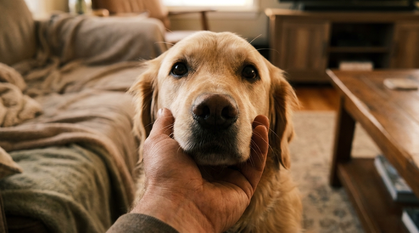 Tutor examinando e interagindo calmamente com um cachorro antes de dar remédio.