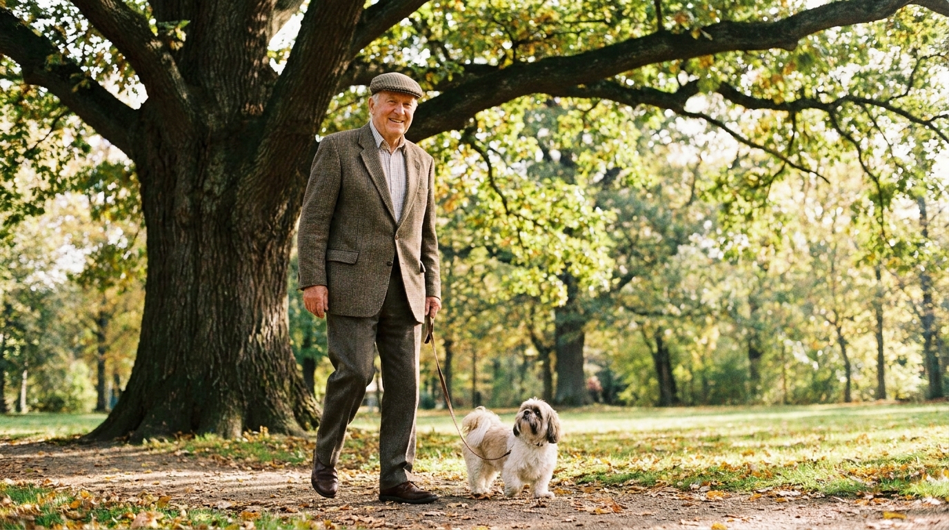 Idoso passeando calmamente com cachorro pequeno em parque.