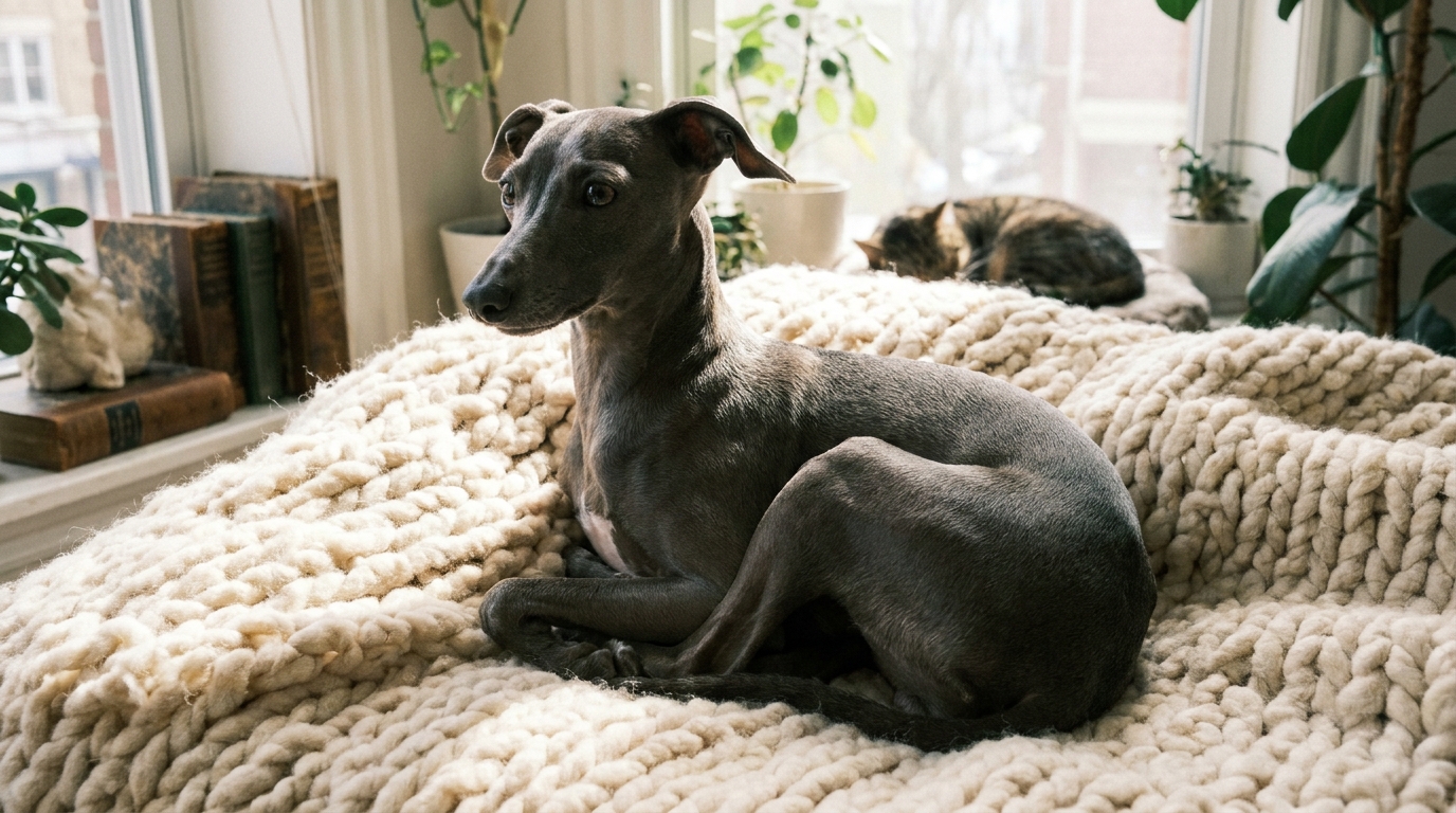 Galgo Italiano tranquilo e sereno, companheiro ideal para idosos.