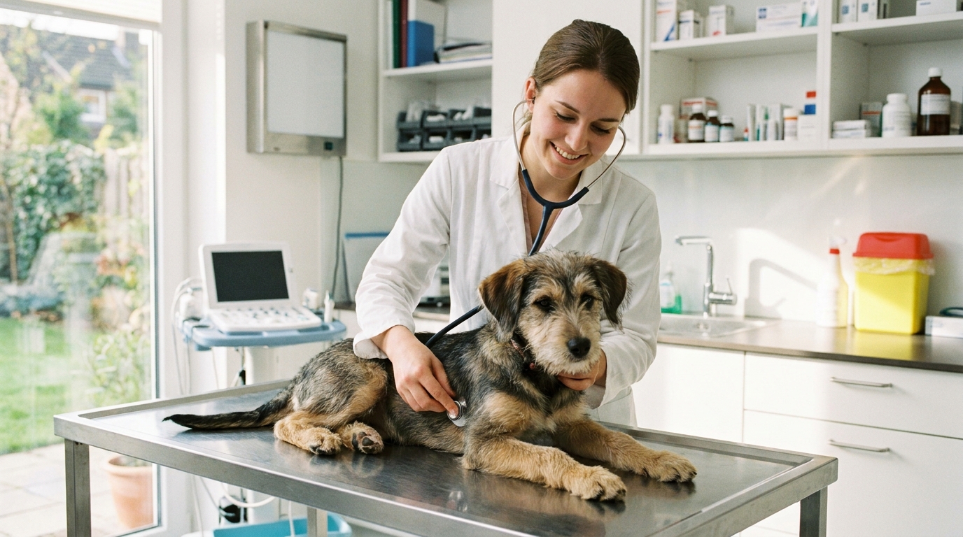 Veterinário examinando filhote de cachorro durante consulta.