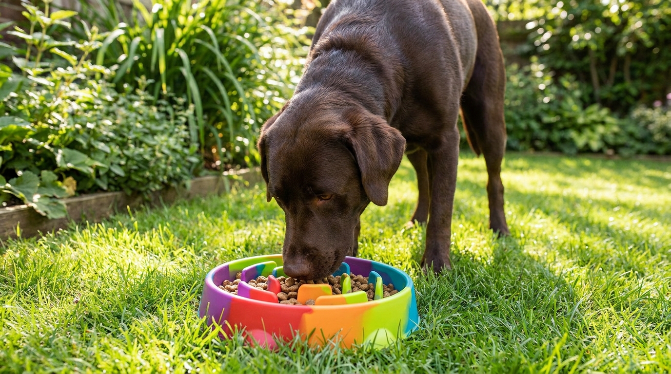 Cachorro labrador amarelo usando um comedouro lento com obstáculos para comer mais devagar.