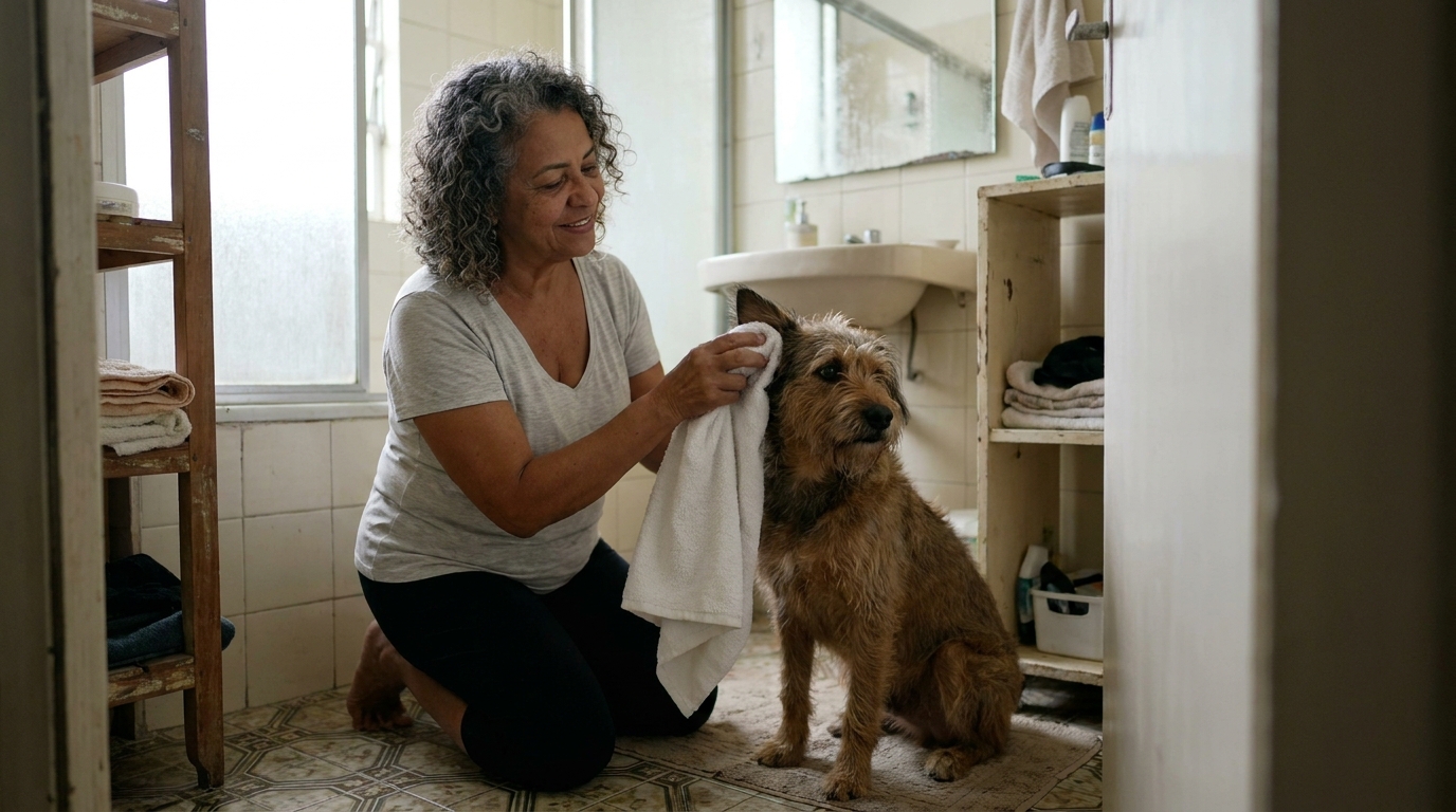 tutor secando a orelha do cachorro após o banho